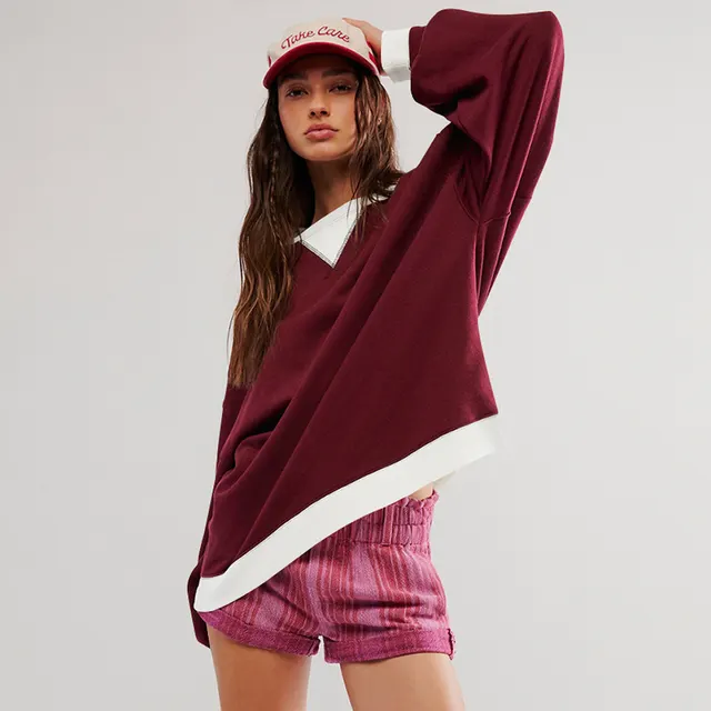 Fashion Color matching Pullover Sweatshirt Street Casual Loose Lantern Sleeve Tops Sports Womens Clothing Wine Red - Shop at LoveMi