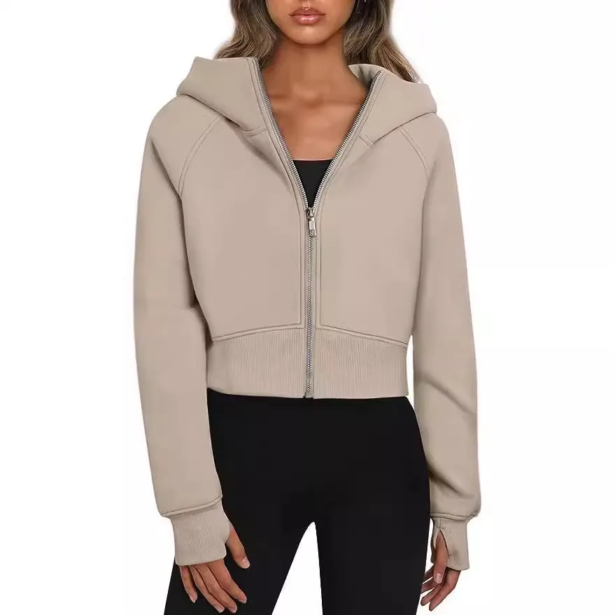 Casual Zippered Hooded Sweatshirt Fleece Sport Cardigan Fashion Hoodies Short Tops Womens Clothing - Khaki