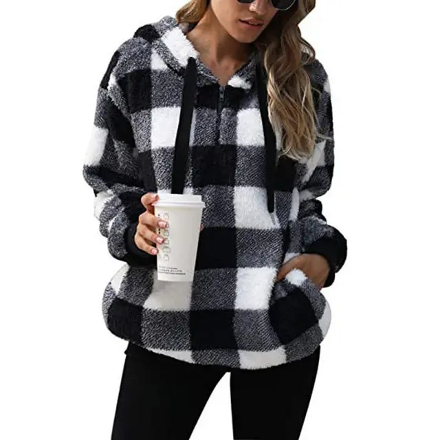 Fashion Plaid Hooded Sweatshirt With Pockets Casual Zipper Plush Tops For Womens Clothing Black - Shop at LoveMi