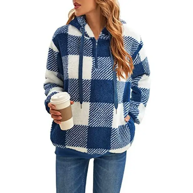 Fashion Plaid Hooded Sweatshirt With Pockets Casual Zipper Plush Tops For Womens Clothing Blue - Shop at LoveMi