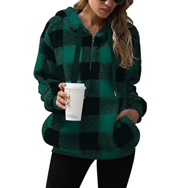 Fashion Plaid Hooded Sweatshirt With Pockets Casual Zipper Plush Tops For Womens Clothing Green - Shop at LoveMi