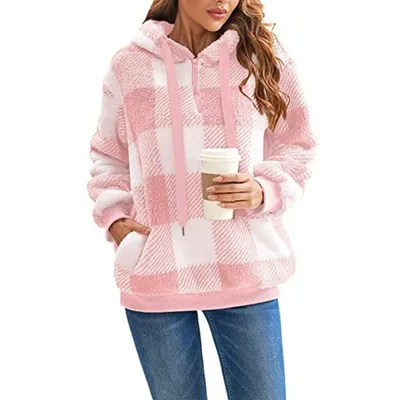 Fashion Plaid Hooded Sweatshirt With Pockets Casual Zipper Plush Tops For Womens Clothing Pink - Shop at LoveMi