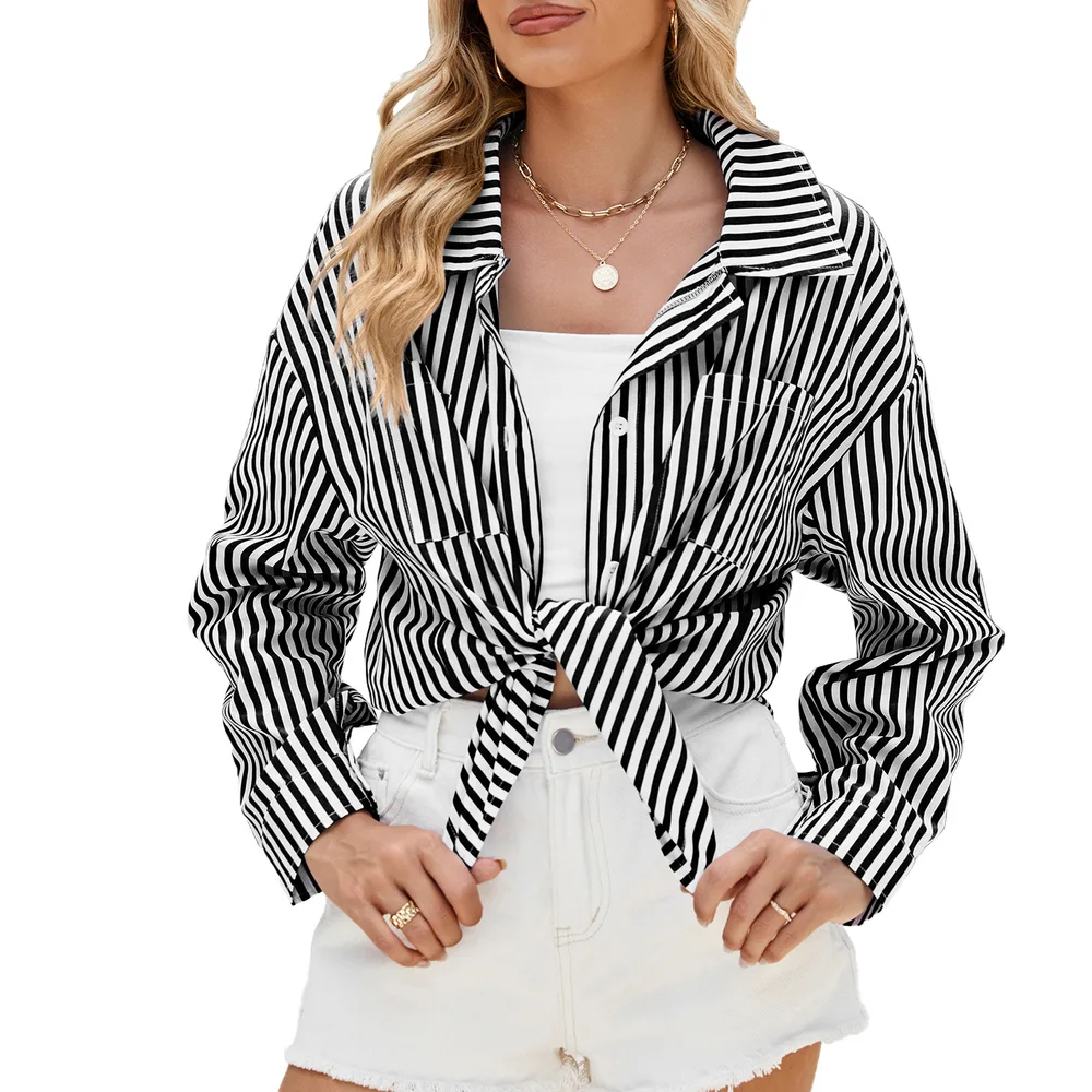 Fashion Striped Long Sleeve Shirt With Pockets Casual Loose Single-breasted Button Top Women Clothing - Black And White Stripes