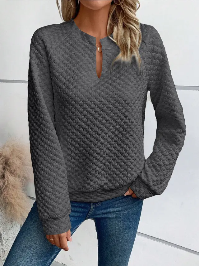 Fashion V neck Long sleeved T shirt French Style Casual Solid Color Plaid Sweatshirt Top Womens Clothing Dark Grey - Shop at LoveMi