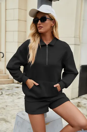 Casual Sweatshirt Suits Lapel Zipper Long Sleeve Top With Pocket And Elastic Shorts Fashion Loose Sports Set Outfits Womens Clothing Black - Shop at LoveMi