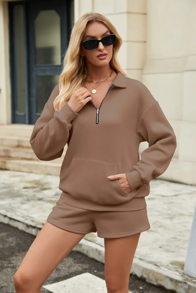 Casual Sweatshirt Suits Lapel Zipper Long Sleeve Top With Pocket And Elastic Shorts Fashion Loose Sports Set Outfits Womens Clothing Brown - Shop at LoveMi