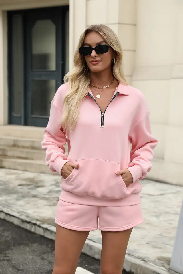 Casual Sweatshirt Suits Lapel Zipper Long Sleeve Top With Pocket And Elastic Shorts Fashion Loose Sports Set Outfits Womens Clothing Pink - Shop at LoveMi