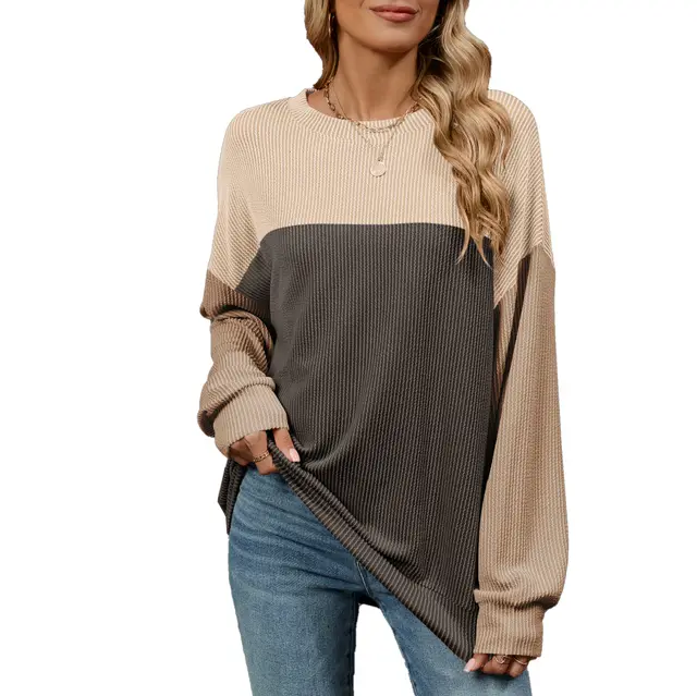 Fashion Contrast color Round Neck Long Sleeve T shirt Casual Pullover Top For Womens Clothing Dark Grey - Shop at LoveMi