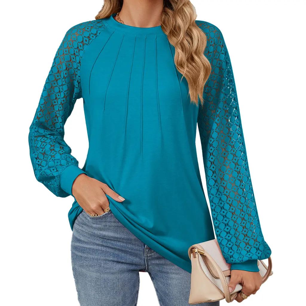 New Lace Long Sleeve Round Neck T-shirt Fashion Loose Solid Color Pullover Top For Womens Clothing - Peacock Blue