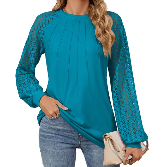 New Lace Long Sleeve Round Neck T shirt Fashion Loose Solid Color Pullover Top For Womens Clothing Peacock Blue - Shop at LoveMi