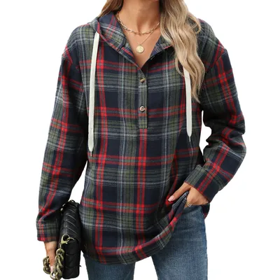 Fashion Plaid Print Hooded Sweatshirt With Button Loose Long Sleeve Hoodies Leisure Sports Top For Womens Clothing Blue - Shop at LoveMi