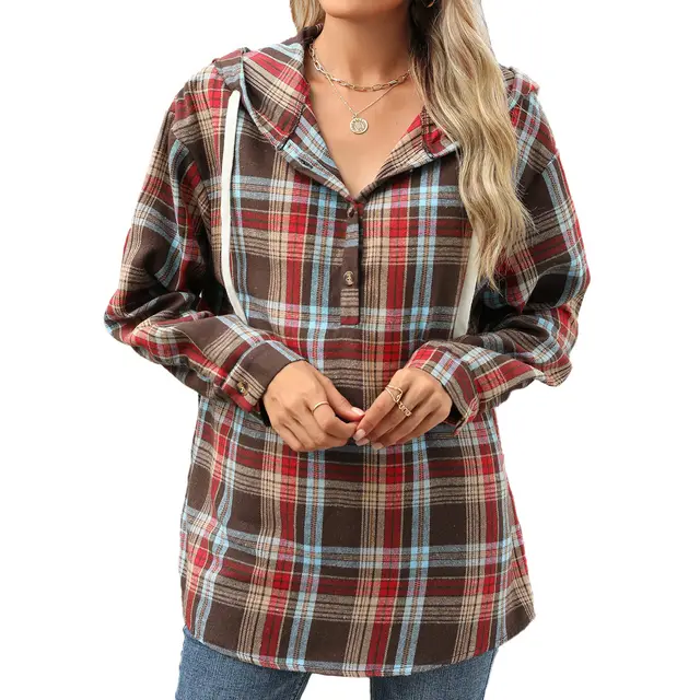 Fashion Plaid Print Hooded Sweatshirt With Button Loose Long Sleeve Hoodies Leisure Sports Top For Womens Clothing Coffee - Shop at LoveMi