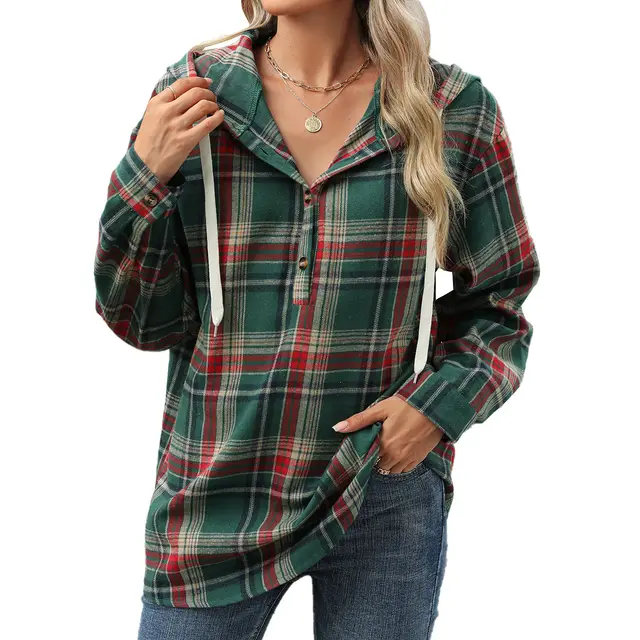 Fashion Plaid Print Hooded Sweatshirt With Button Loose Long Sleeve Hoodies Leisure Sports Top For Womens Clothing Green - Shop at LoveMi