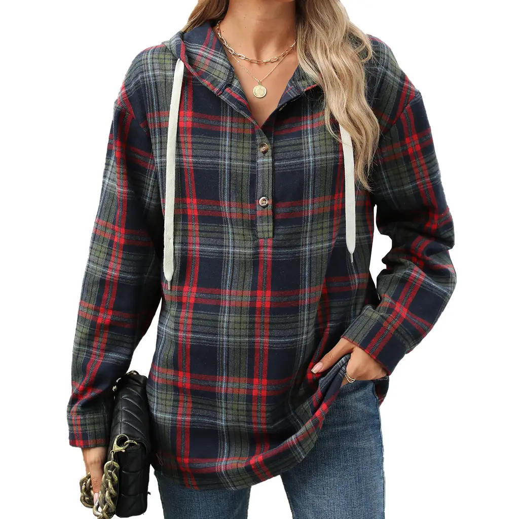 Fashion Plaid Print Hooded Sweatshirt With Button Loose Long Sleeve Hoodies Leisure Sports Top For Womens Clothing - Navy Blue