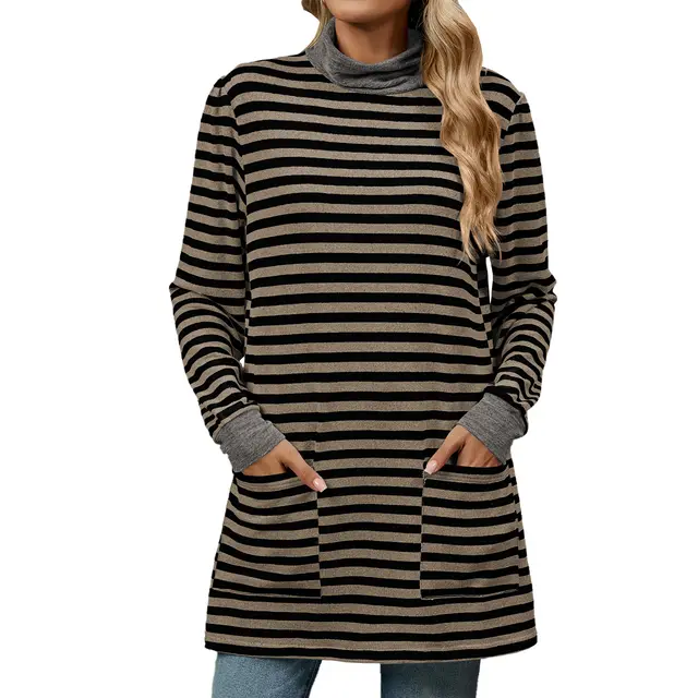 Fashion Striped Print Long Sweatshirt With Pocket Loose Long Sleeve Pullover T shirt Top For Womens Clothing Coffee Black - Shop at LoveMi