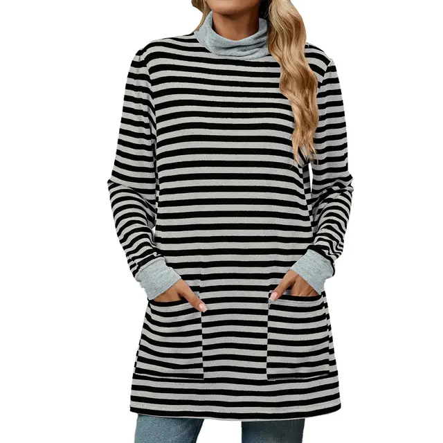 Fashion Striped Print Long Sweatshirt With Pocket Loose Long Sleeve Pullover T shirt Top For Womens Clothing Light Grey Black - Shop at LoveMi