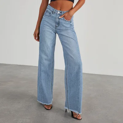 Fashion High Waist Jeans With Pockets Comfortable Slim Fit Straight Wide leg Pants Womens Clothing Light Blue - Shop at LoveMi