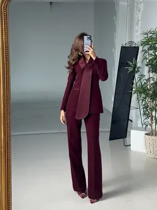 Irregular Collar Blazer & High Waist Pants Suit - Pants
