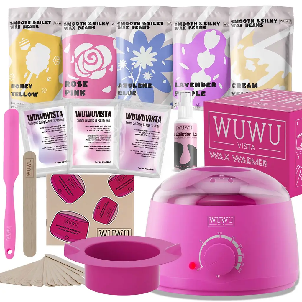 Waxing Kit WUWUVISTA 23 Items Hair Removal Wax Kit With Wax Warmer Waxing Beads Etc For Face, Brazilian, Full Body, Bikini, Sensitiive Skin - Usplug