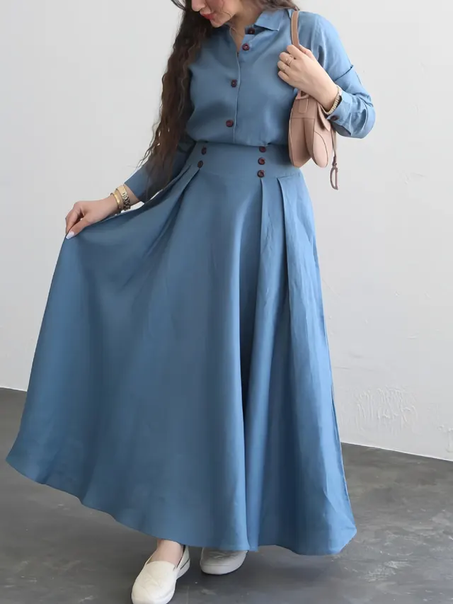Solid Color Shirt & High Waist Skirt Suit Blue - Shop at LoveMi