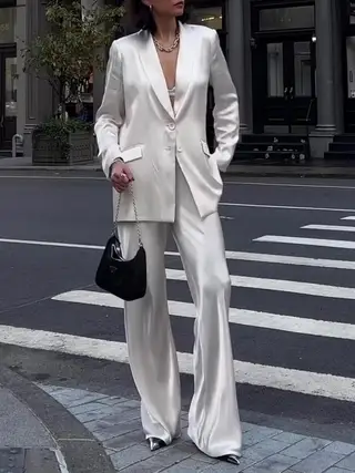Solid Color Loose Blazer & High-waisted Pants Set - White