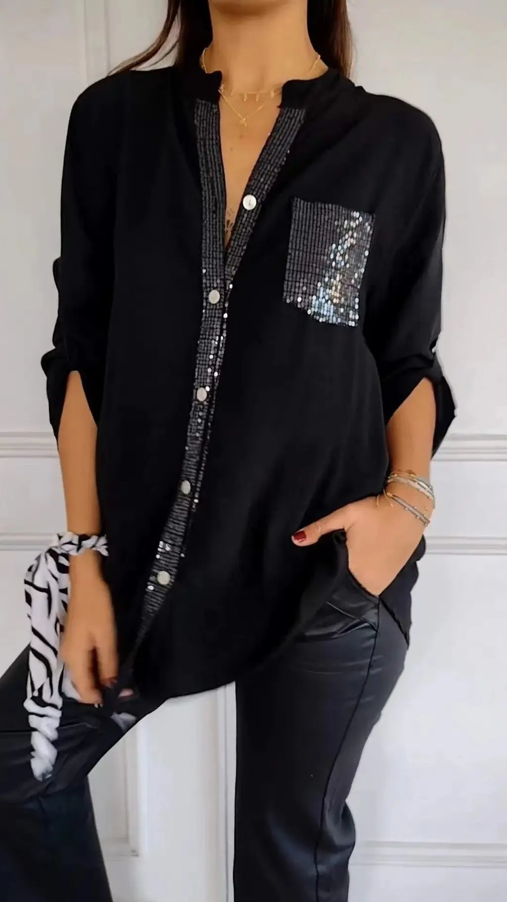 Casual Button-down Long Sleeve Shirt With Sequin Pocket Design Fashion Commuter Top Women Clothing - Black