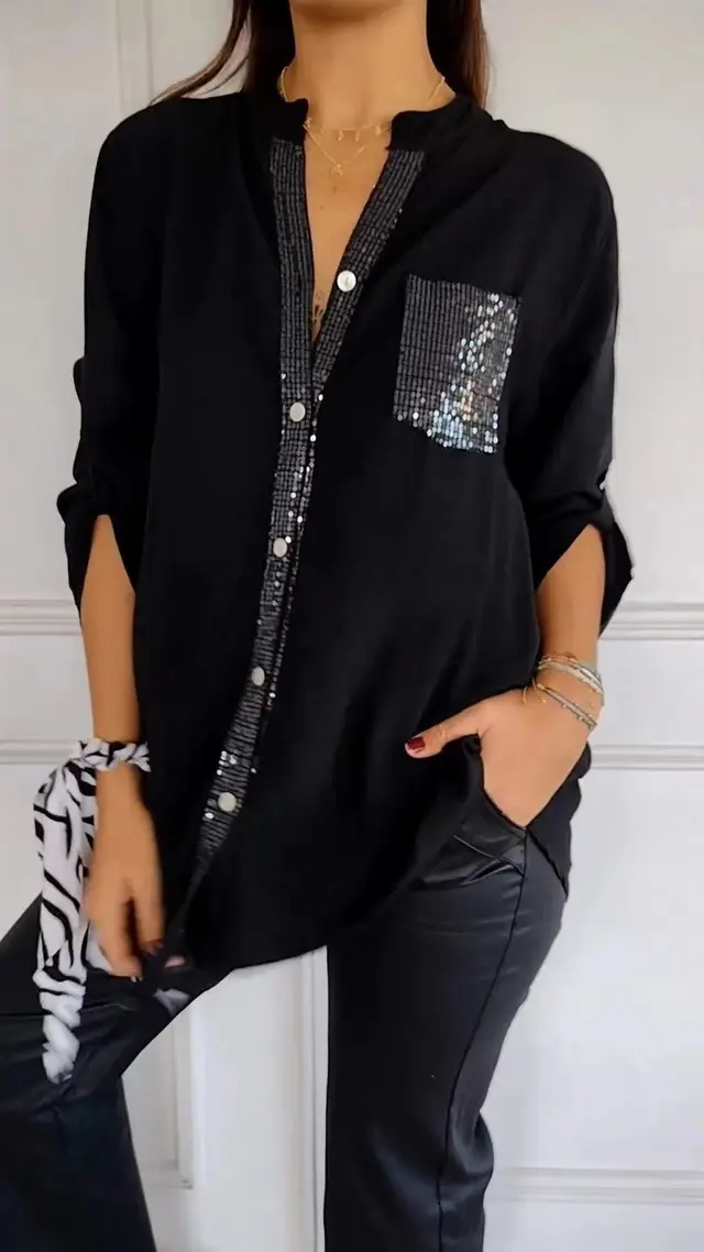 Casual Button down Long Sleeve Shirt With Sequin Pocket Design Fashion Commuter Top Women Clothing Black - Shop at LoveMi