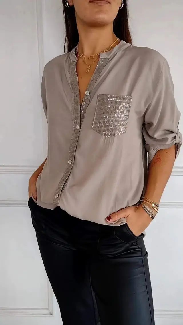 Casual Button down Long Sleeve Shirt With Sequin Pocket Design Fashion Commuter Top Women Clothing Khaki Champagne - Shop at LoveMi