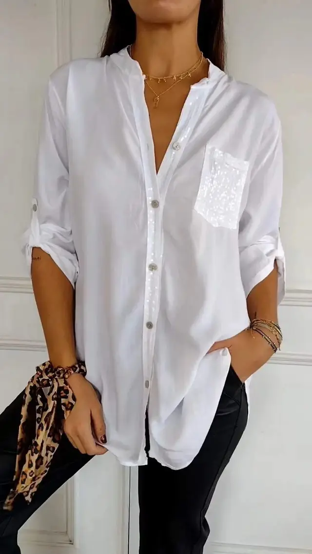 Casual Button down Long Sleeve Shirt With Sequin Pocket Design Fashion Commuter Top Women Clothing White - Shop at LoveMi