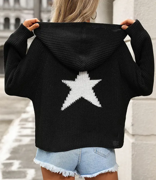Fashion Pullover Hooded Sweater With Pockets Loose Star Long Sleeve Zippered Cropped Cardigan Outwear Tops For Womens Clothing Black - Shop at LoveMi