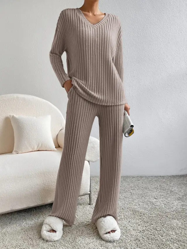 Fashion Solid Striped Suit V neck Long sleeved Top And Casual Straight Pants Loose Temperament Women's Clothing Dark Khaki - Shop at LoveMi