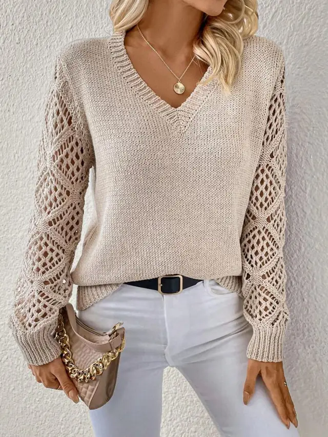 Solid V neck Pullover Sweater With Hollow Long Sleeve Fashion Tops For Women Clothing Apricot - Shop at LoveMi