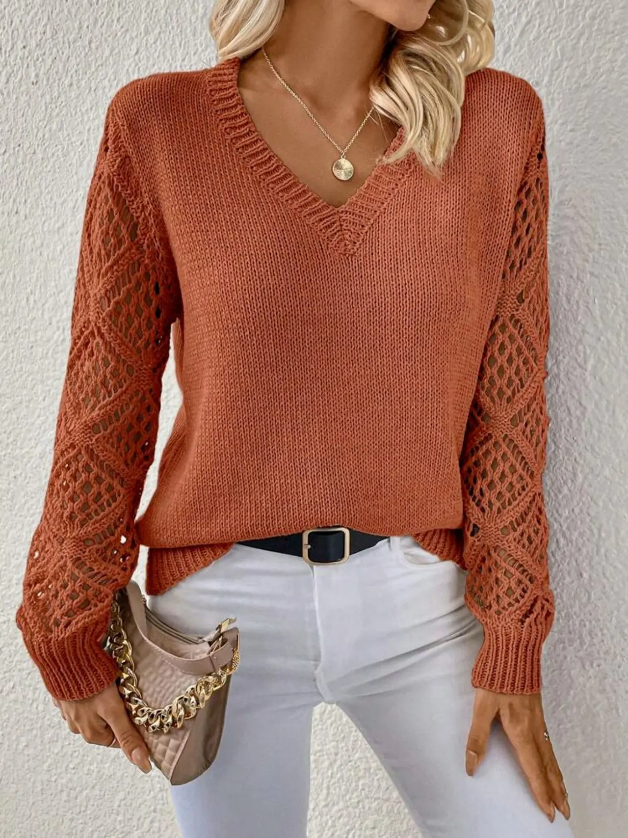 Solid V-neck Pullover Sweater With Hollow Long Sleeve Fashion Tops For Women Clothing - Orange Red - View 1