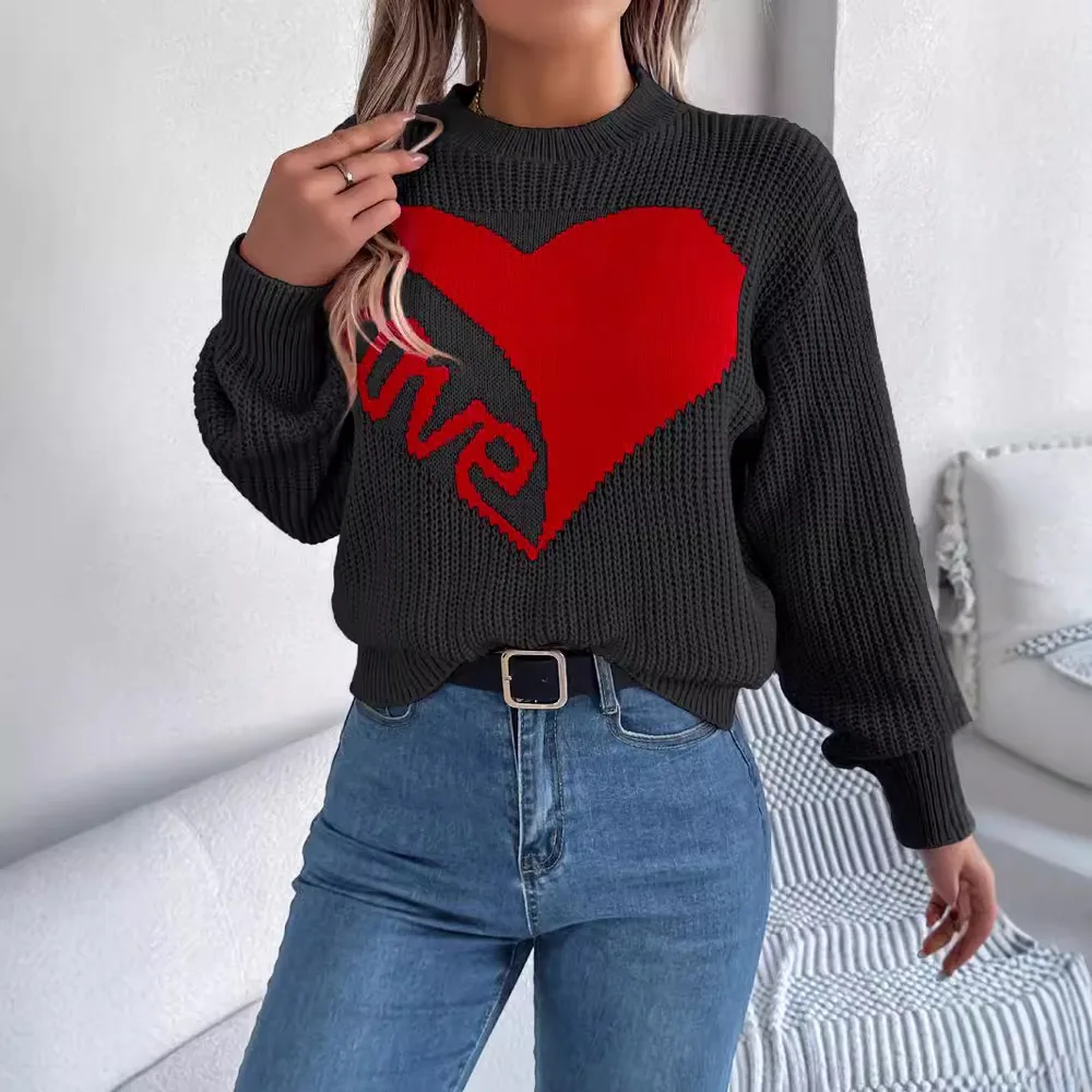 Love Print Pullover Sweater Autumn And Winter Loose Long sleeved Knitted Tops For Women Valentine's Day Clothing Black - Shop at LoveMi