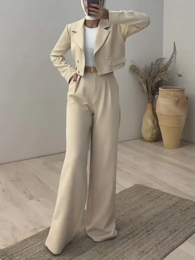 Solid Color Short Blazer & High Waist Pants Set Khaki - Shop at LoveMi