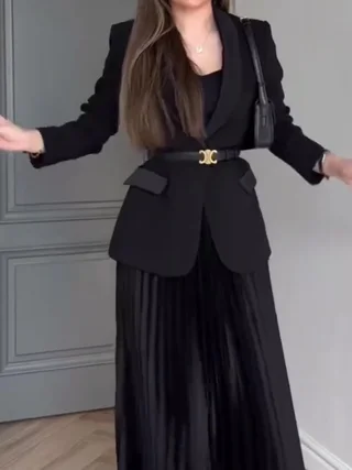 Solid Color Blazer & Pleated Skirt Suit - Blazers