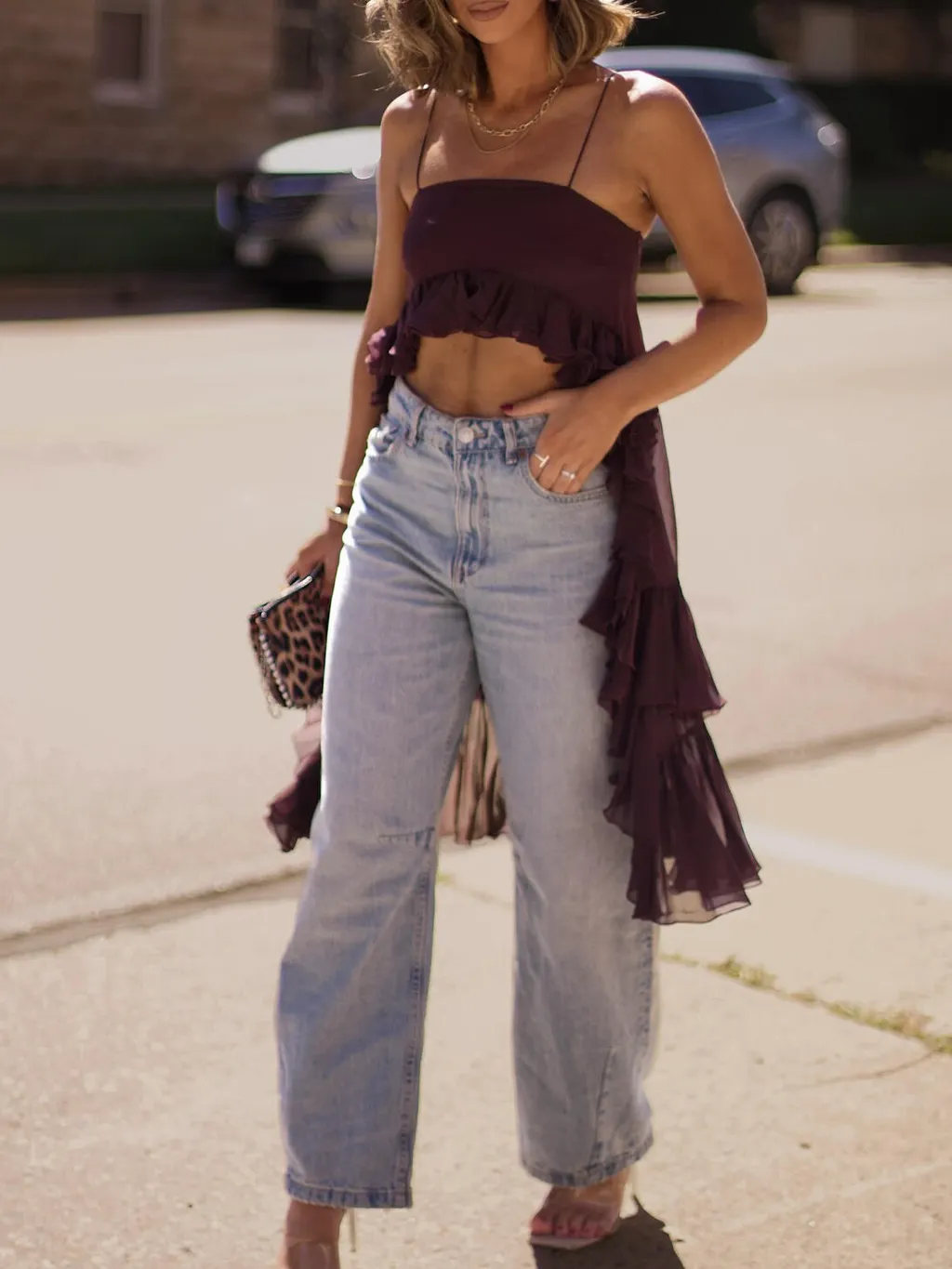 Ruffled Irregular Hem Halter Top - Claret
