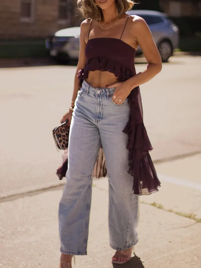 Ruffled Irregular Hem Halter Top Claret - Shop at LoveMi