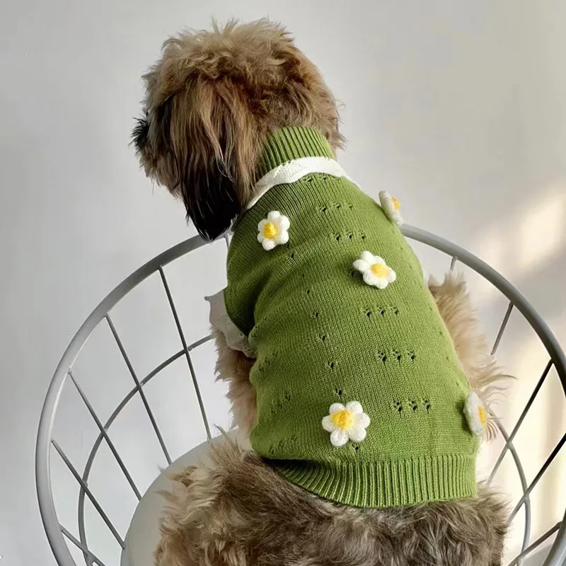 Autumn And Winter Warm And Comfortable Dog Sweater Clothes Pet Cat Clothing Flower Blossom Sweater Collection Green - Shop at LoveMi