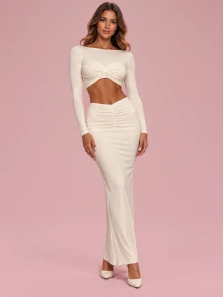 Long-sleeved Crop Top & Shirred Maxi Skirt Two-piece Set - White