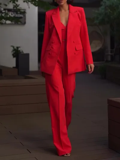 Classic Solid Color Suit & Camisole & High waisted Pants Three piece Set Red - Shop at LoveMi
