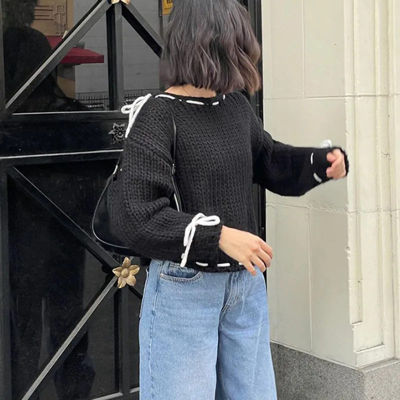 Bowknot Pullover Sweater Fashion Y2K Long Sleeve Loose Knitted Top Women's Clothing Black - Shop at LoveMi