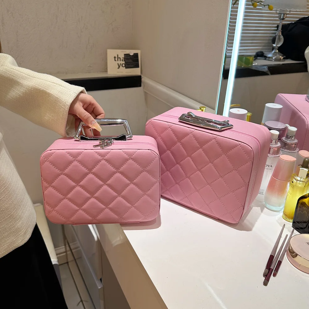 Rhombus Embroidery Design Cosmetic Bag With Handle And Mirror Fashion Large Capacity Portable Make up Storage Bags For Women Pink - Shop at LoveMi
