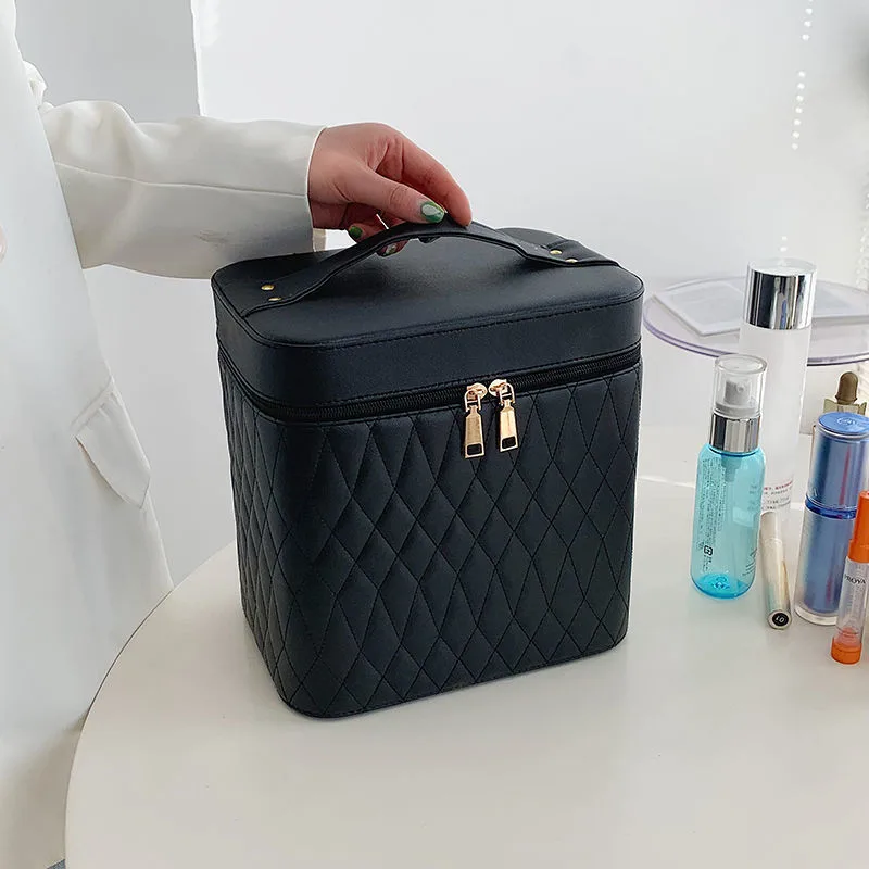 Portable Cosmetic Bag With Mirror Design Fashion Rhombus-Embroidery Double-layer Suitcase Large Capacity Make-up Storage Bags For Women - Black - View 1