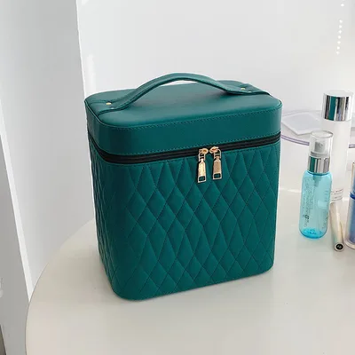 Portable Cosmetic Bag With Mirror Design Fashion Rhombus Embroidery Double layer Suitcase Large Capacity Make up Storage Bags For Women Green - Shop at LoveMi