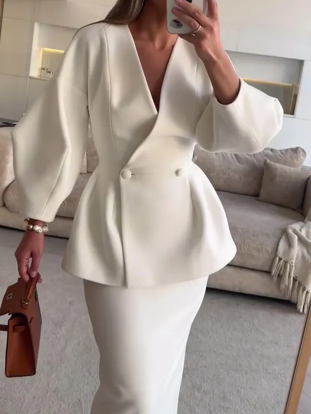 Ruffled V neck Coat & Long Skirt Suit White - Shop at LoveMi