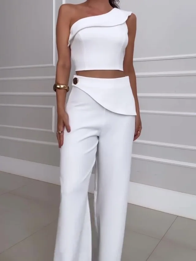 Solid Color Single piece Vest & High waisted Pants Set White - Shop at LoveMi
