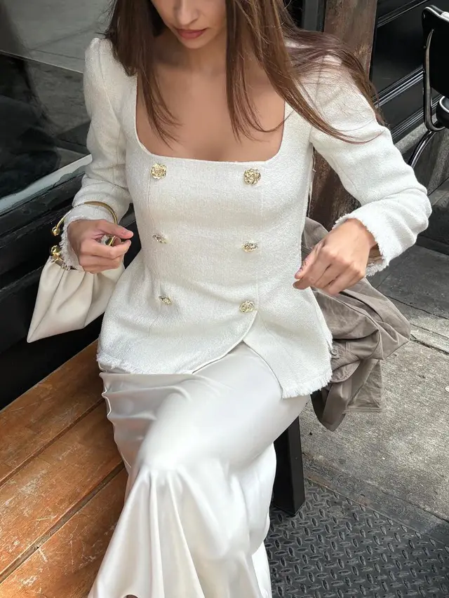 Square Neck Waist Long Sleeve Blazers White - Shop at LoveMi