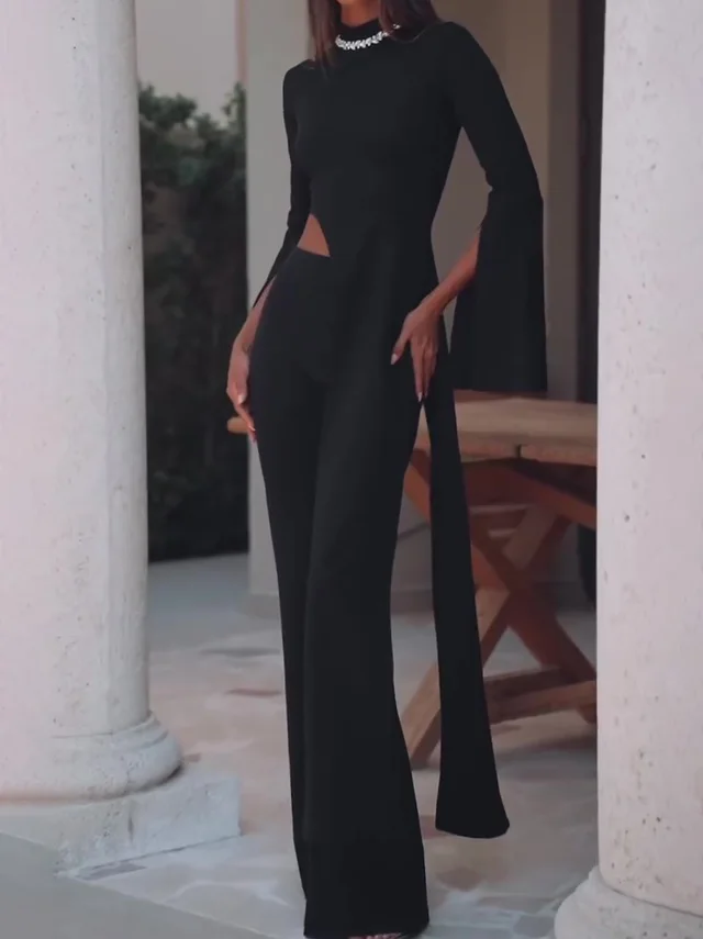 Solid Color Irregular Hem Top & Pants Suit Black - Shop at LoveMi