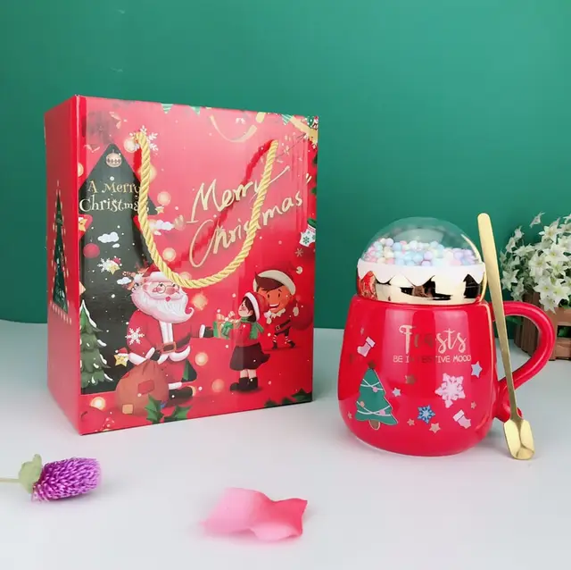 Christmas Mugs Set With Lid And Spoon Xmas Gift Box Set Ceramic Cartoon Couples Santa Claus Milk Cocoa Cup For Home Office Red - Shop at LoveMi
